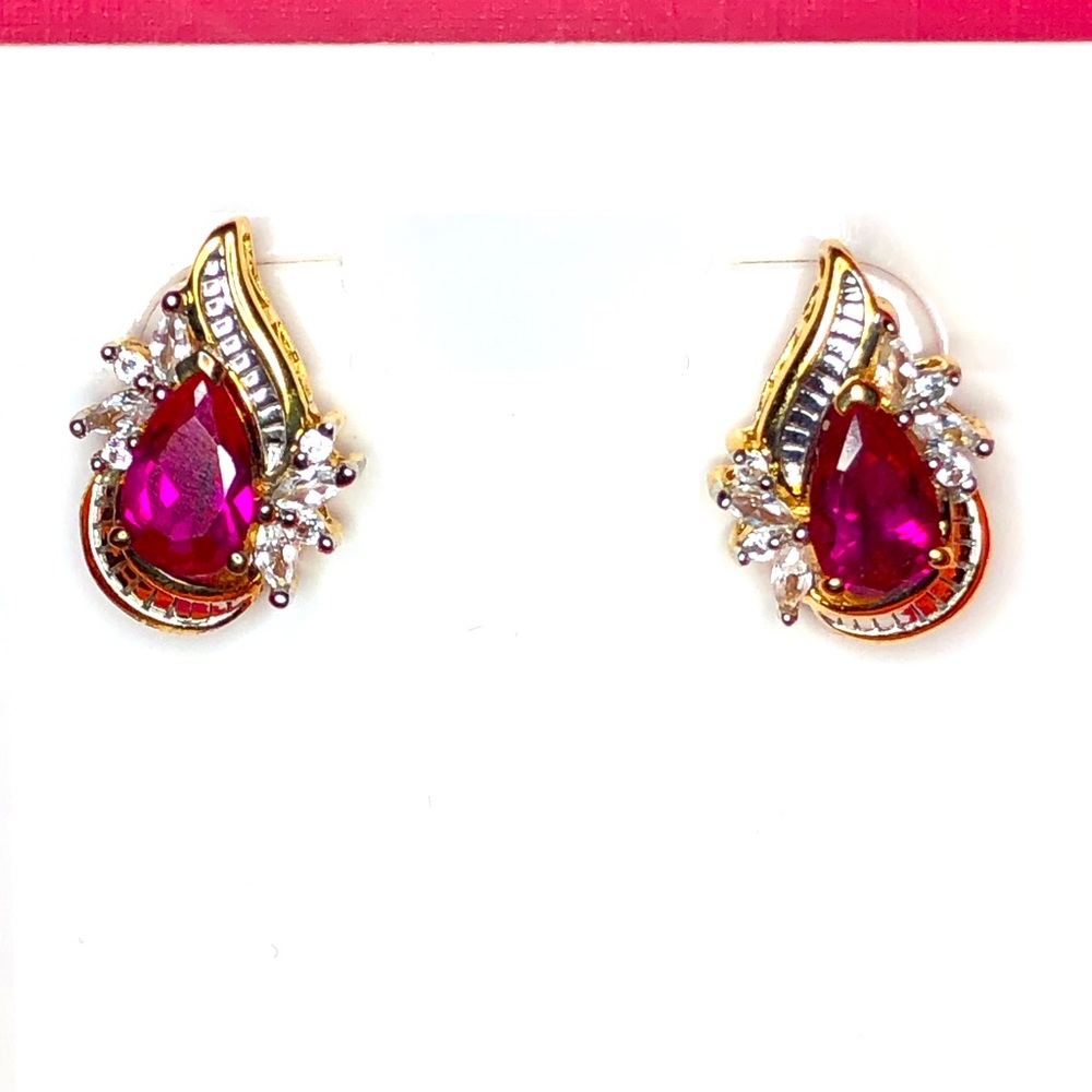 14K Gold Plated Sterling Silver Ruby and White Sapphire Stud Earrings
